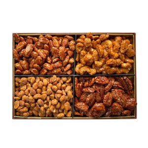 A premium selection of Honey Nuts Gift Box and other sweet nuts elegantly presented in a wooden box.