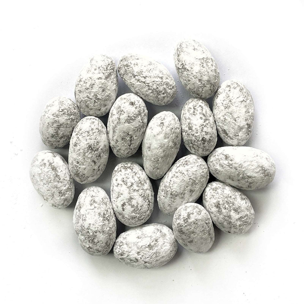 A cluster of Chocolate Cinnamon Snow Almonds, arranged closely together on a white background.