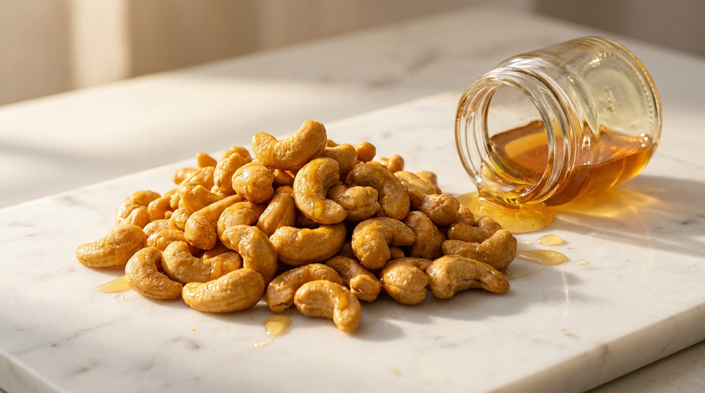 Golden honey-roasted cashews on white marble with honey drizzle