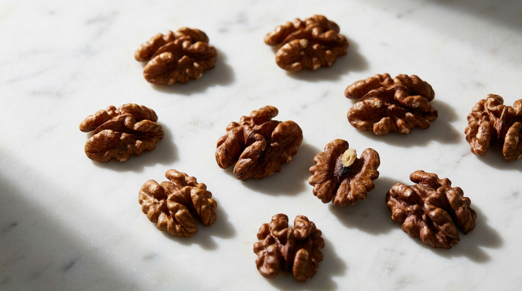 Walnut halves scattered on white marble with natural side lighting