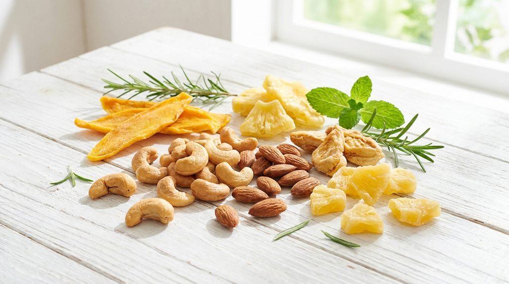 Mixed roasted nuts and dried tropical fruits on white wooden surface with summer herbs