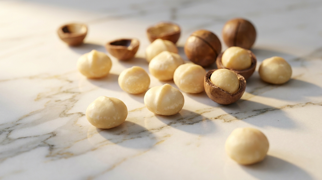 Ivory white macadamia nuts elegantly arranged on white marble