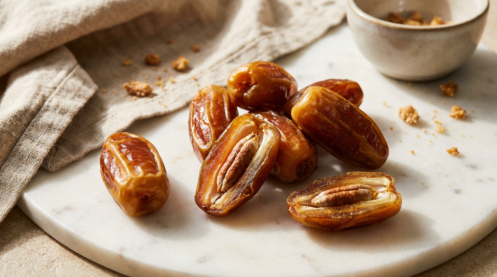 Plump golden-brown Medjool dates on white marble, some halved to reveal interior