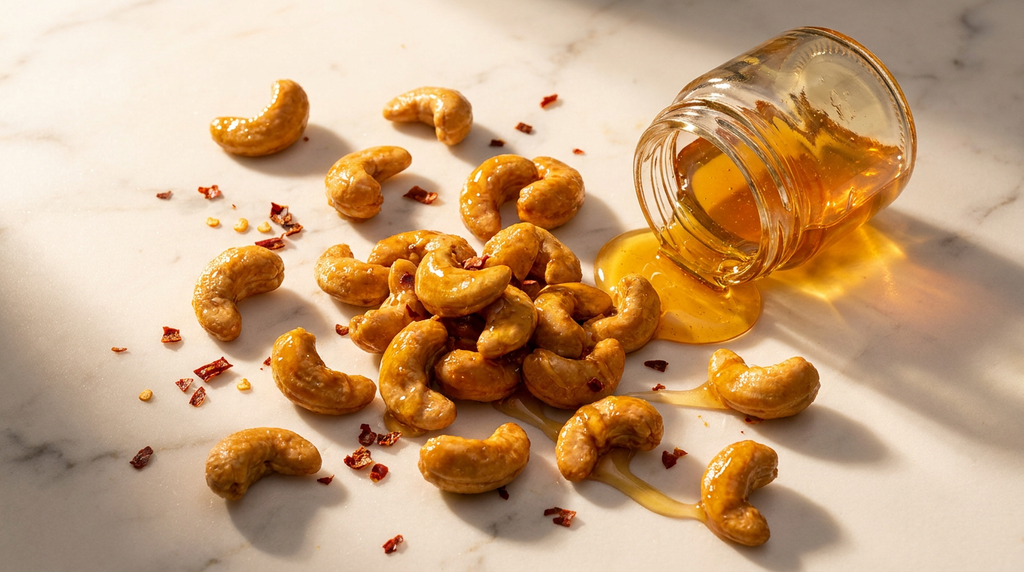 Honey-glazed cashews with chilli flakes and honey jar on white marble