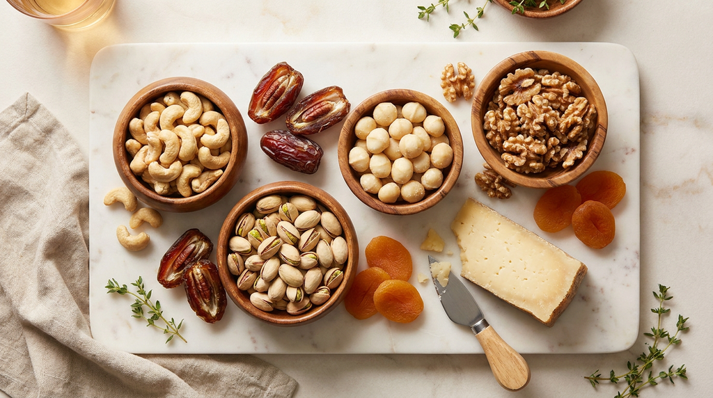 Luxury nut board overhead flat-lay with cashews, pistachios, macadamias, dates, apricots and cheese