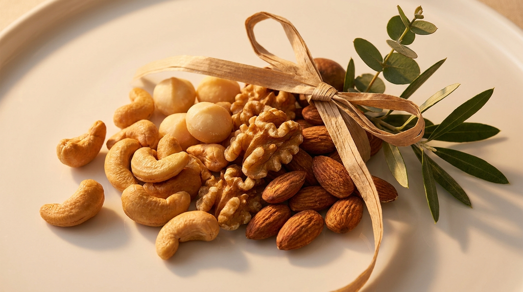 Premium mixed nuts spread with kraft ribbon and greenery for Father's Day gifting