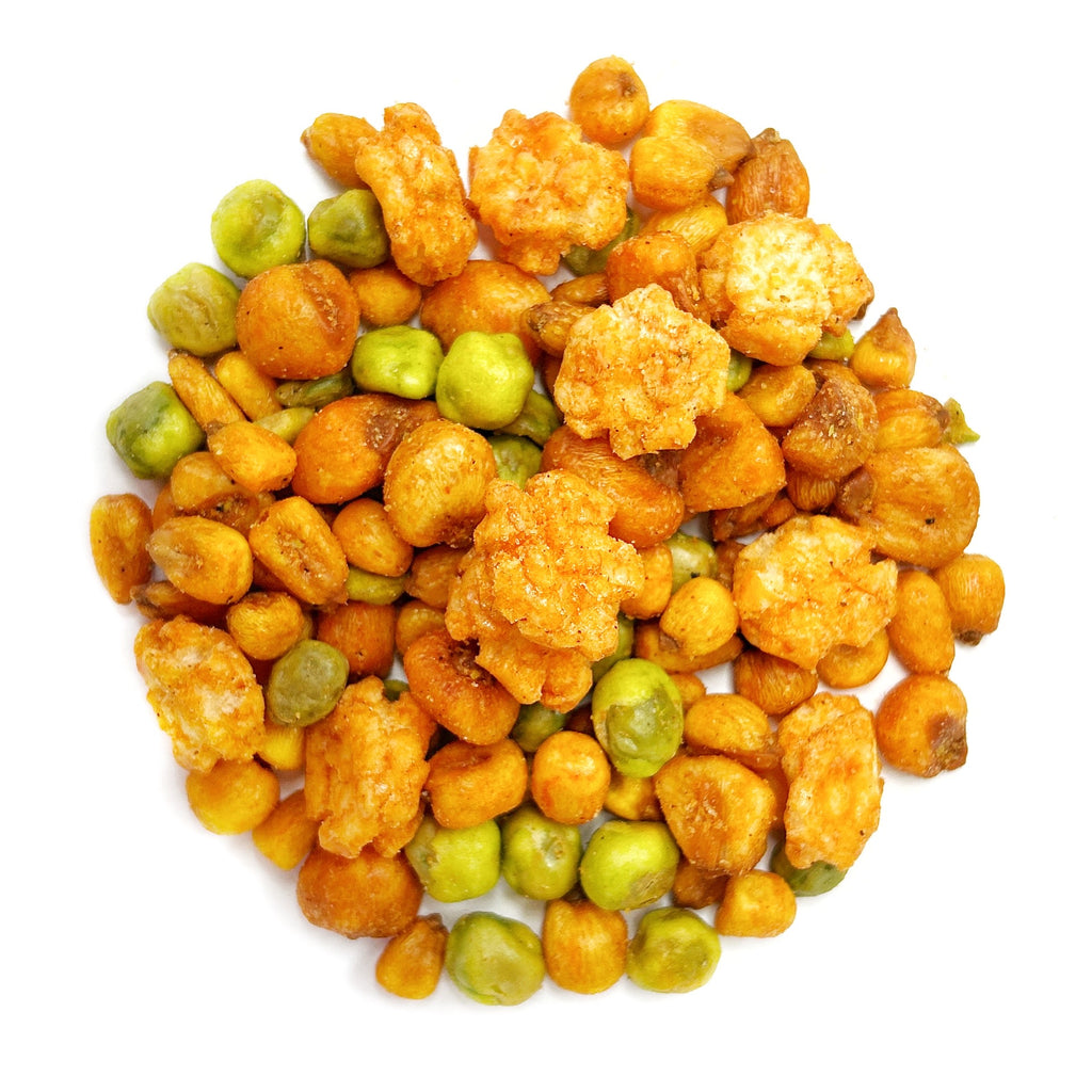 A heap of Chilli Mix Crackers, showcasing wasabi peas, dried corn, and coated peanuts, ideal as a spicy snack mix or a vegetarian treat for movie night.