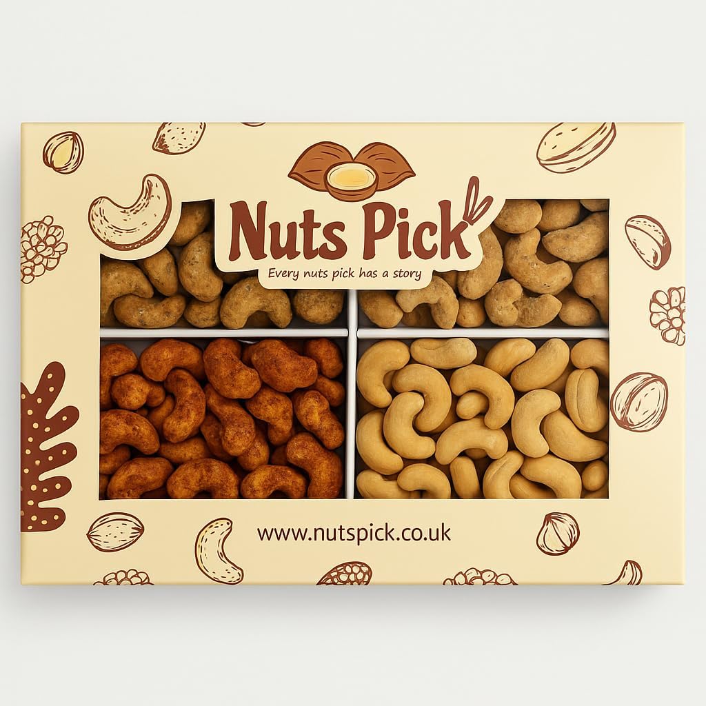 The Cashew Lovers Gift Box (1 – 2 People) features four unique flavored cashews, visible through a clear window with playful nut illustrations—a delightful gourmet gift for any occasion.