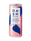 A can of Dash Raspberry Sparkling Water 330ml, made with British spring water and infused with wonky raspberries for a zero calorie, refreshing drink featuring pink and blue accents.