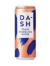 A 330ml Dash Peach Sparkling Water Can, made with British spring water, features a blue and peach abstract design with water droplets on the surface.