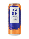 A 330ml can of Dash Orange Sparkling Water, made with British spring water, features an orange and blue design with condensation droplets.