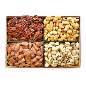 A Premium Salted Nuts Gift Box filled with a variety of nuts including Pistachios and Salted Cashews, set against a pristine white background.