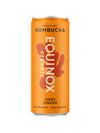 A 250ml can of Equinox Organic Kombucha Fiery Ginger features bold white text on vibrant orange packaging, offering a probiotic drink with a fiery ginger flavor.