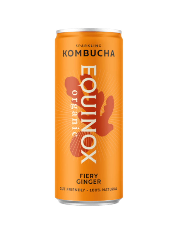 A 250ml can of Equinox Organic Kombucha Fiery Ginger features bold white text on vibrant orange packaging, offering a probiotic drink with a fiery ginger flavor.