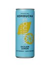 A blue 250ml can of Equinox Organic Kombucha Sicilian Lemon, with a yellow lemon graphic and product details on the front. Contains live probiotic cultures for a refreshing, healthy boost.