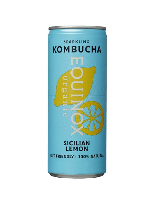 A blue 250ml can of Equinox Organic Kombucha Sicilian Lemon, with a yellow lemon graphic and product details on the front. Contains live probiotic cultures for a refreshing, healthy boost.