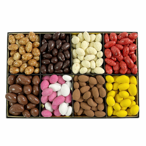 Assorted Easter Chocolate Selection, including almonds, arranged in a compartmentalized box for Easter.