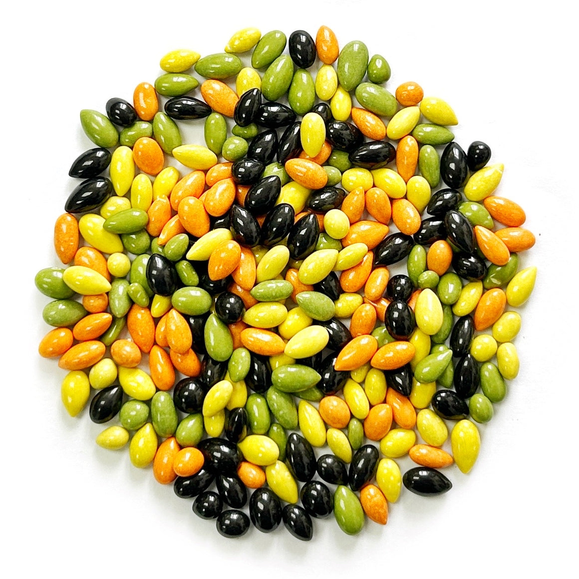 A colorful mix of Sunflower Seeds Milk Chocolate beans on a white background.