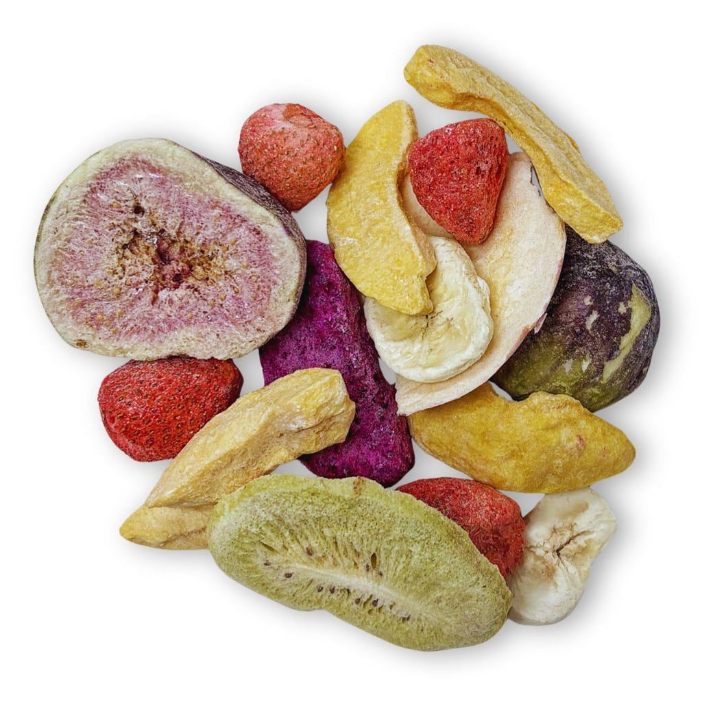 The Freeze Dried Fruits Mix offers a delightful on-the-go snack selection with an assortment of figs, strawberries, mango slices, dragon fruit, apples, and bananas.