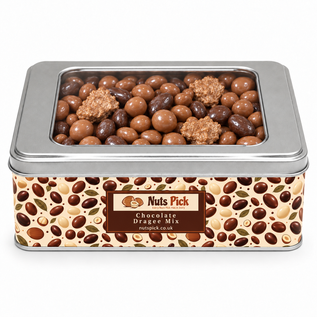 Chocolate In a Tin is a rectangular metal tin with a clear window lid, filled with premium chocolate-covered nuts and dragees.