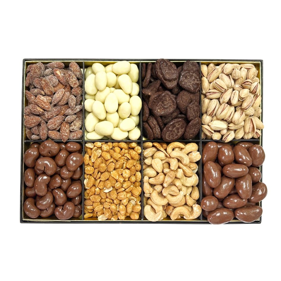 The "Nuts & Chocolates" premium snack box is composed of eight compartments filled with an assortment of luxurious nuts and chocolate-covered treats, including almonds, cashews, and pistachios.