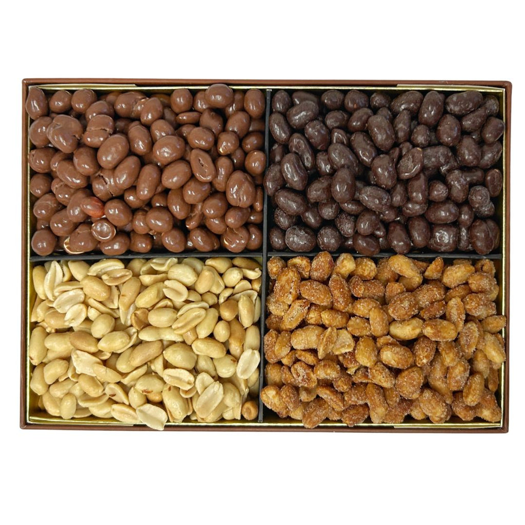 This gorgeous box is filled with a mouth-watering variety of premium peanut snacks! Inside, you'll find crunchy Roasted Salted Peanuts, indulgent Belgian Chocolate Peanuts, sweet Honey Roast Peanuts, and rich Dark Chocolate Peanuts—perfect for any peanut fan!