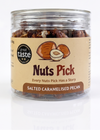 Jar of 'Nuts Pick' salted caramelised pecans with a visible 'Great Taste' award label on a white background.