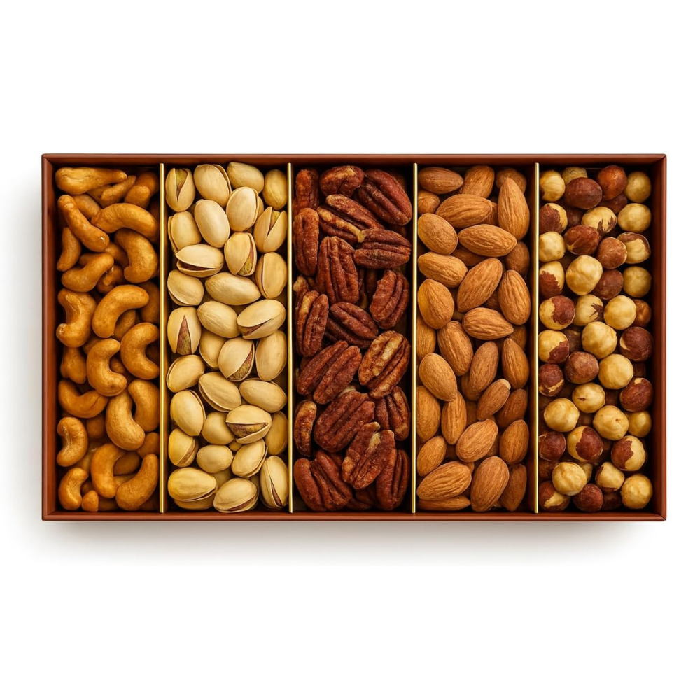 The Premium Salted Nuts Gift Box features a stylish rectangular design with five sections filled with cashews, pistachios, pecans, almonds, and hazelnuts—perfectly arranged for an elegant sharing experience.