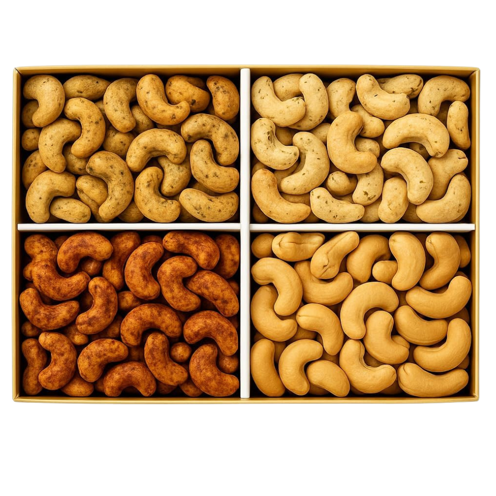 The Cashew Lovers Gift Box (1–2 People) features four sections, each filled with a different variety of flavoured or roasted cashew nuts, beautifully arranged and viewed from above.