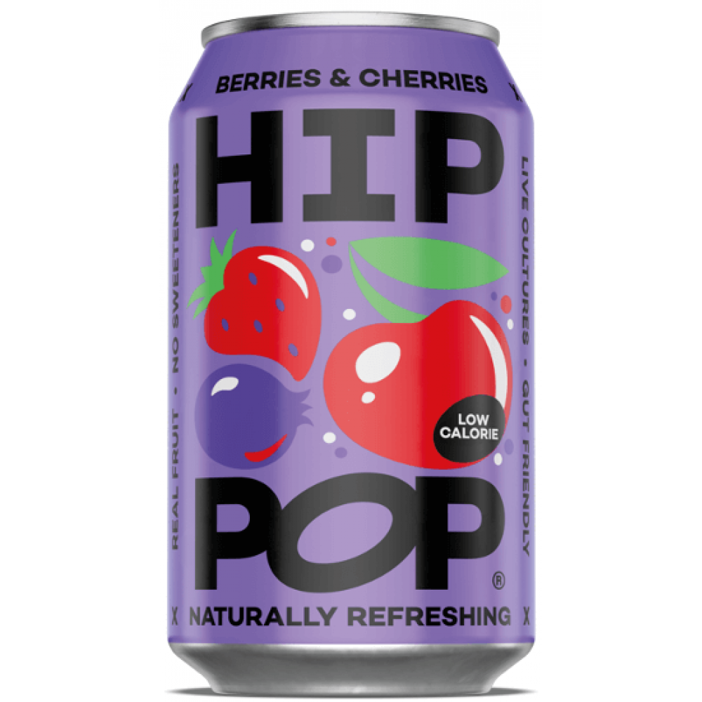 A purple 330ml can labeled "Hip Pop Soda – Berries & Cherries" displays berry and cherry illustrations, touts "Low Calorie" and "Naturally Refreshing," and promotes itself as a prebiotic soda for gut health.