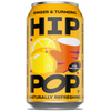 A 330ml can of Hip Pop Soda – Ginger & Turmeric, with lemon and cup illustrations plus “Naturally Refreshing” and “Low Calorie” on a yellow background. This prebiotic soda offers bold ginger-turmeric flavor and wellness benefits.