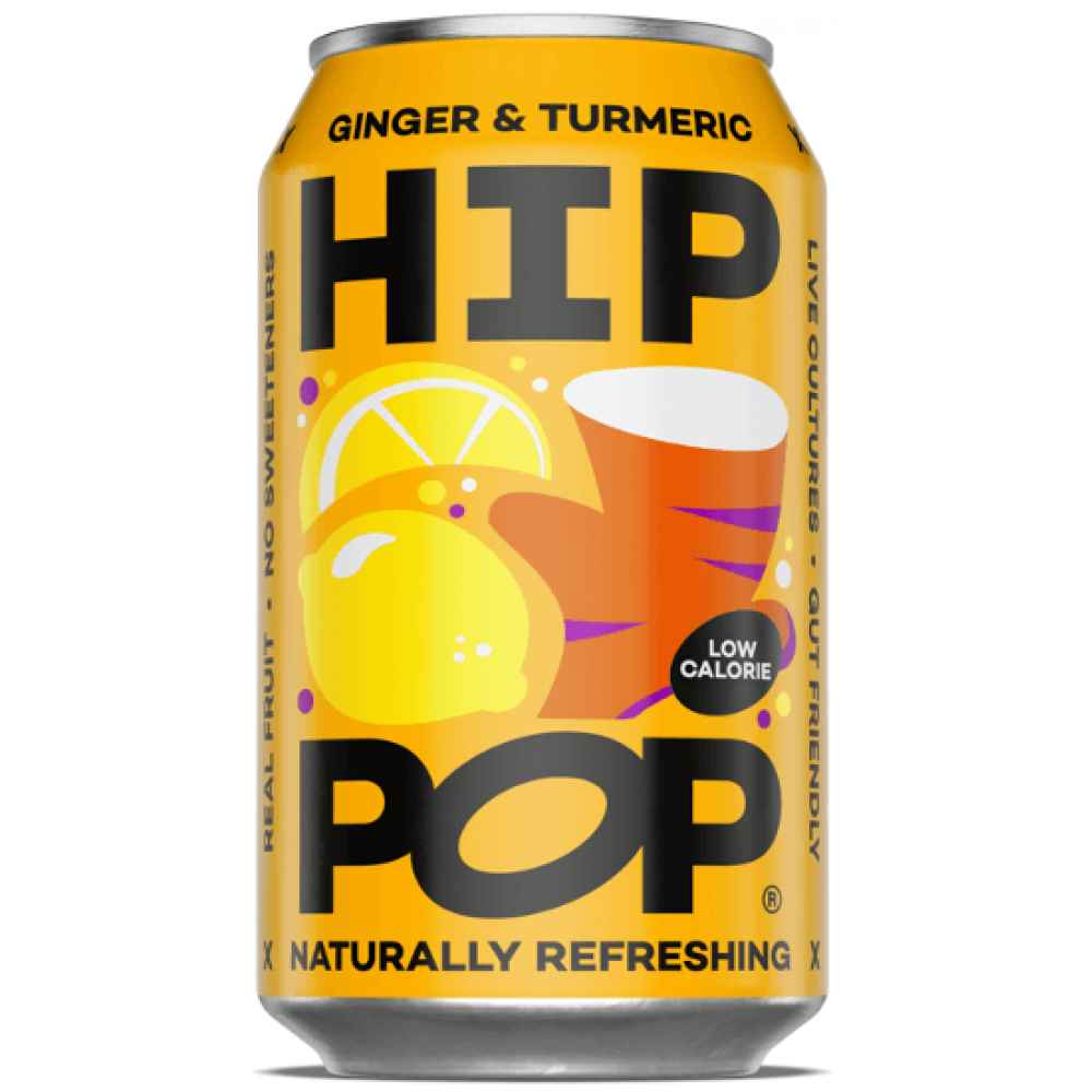 A 330ml can of Hip Pop Soda – Ginger & Turmeric, with lemon and cup illustrations plus “Naturally Refreshing” and “Low Calorie” on a yellow background. This prebiotic soda offers bold ginger-turmeric flavor and wellness benefits.