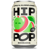 A 330ml can of Hip Pop Kombucha – Apple & Elderflower, featuring green and red apple graphics, is low calorie, uses real fruit with no sweeteners, contains live cultures for gut health, and is gut friendly.