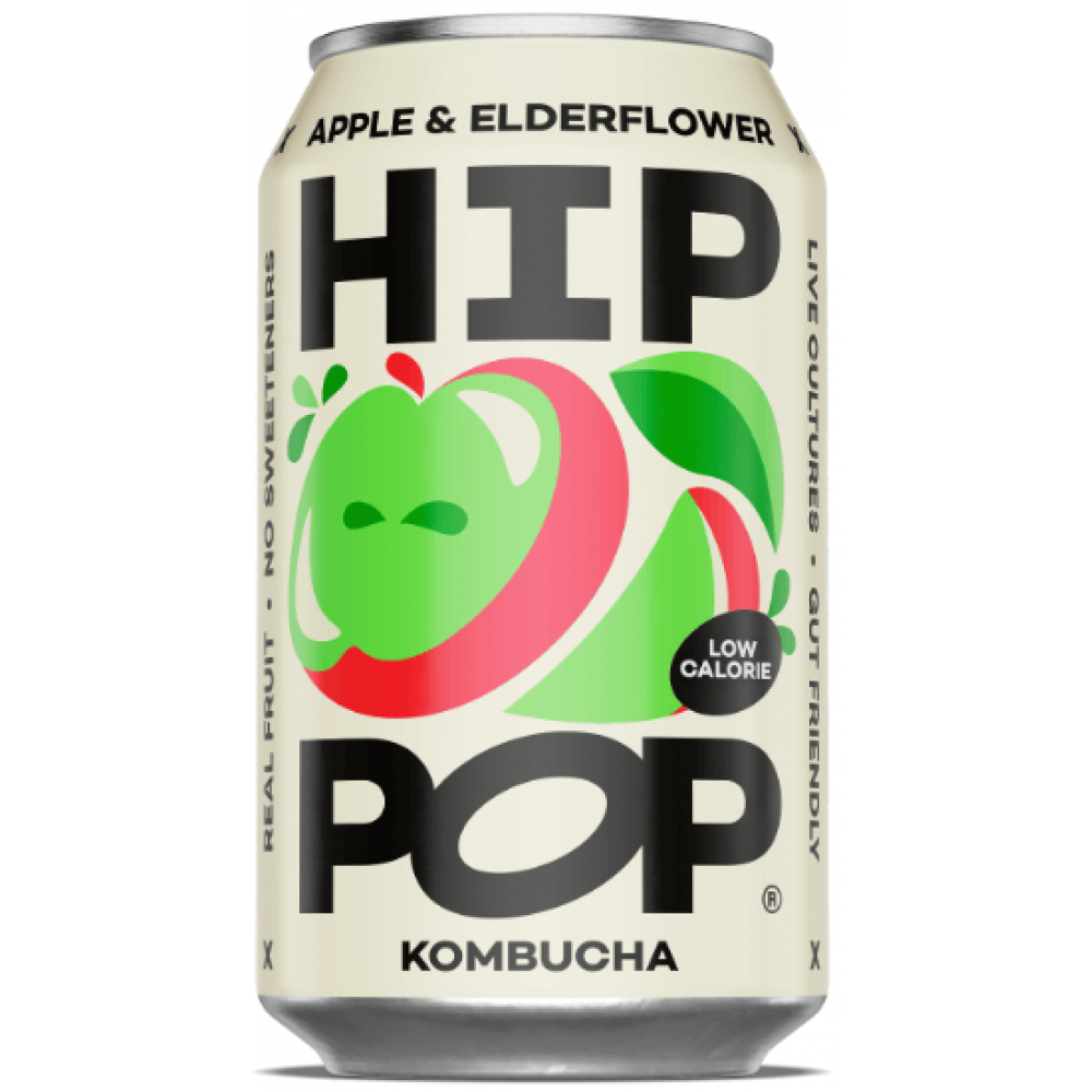A 330ml can of Hip Pop Kombucha – Apple & Elderflower, featuring green and red apple graphics, is low calorie, uses real fruit with no sweeteners, contains live cultures for gut health, and is gut friendly.