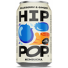 A 330ml can of Hip Pop Kombucha – Blueberry & Ginger with bold blue and orange fruit graphics, highlighting 