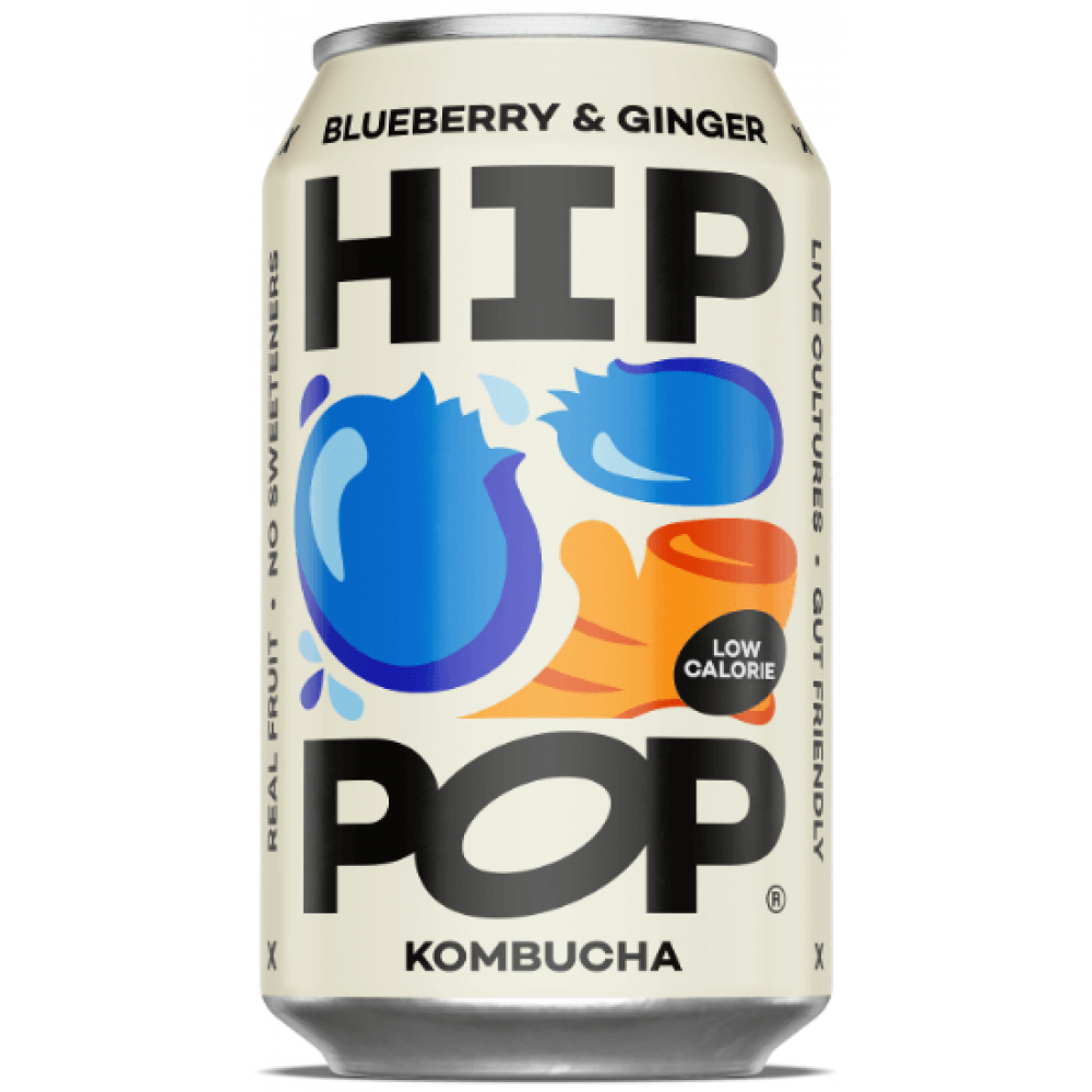 A 330ml can of Hip Pop Kombucha – Blueberry & Ginger with bold blue and orange fruit graphics, highlighting "live cultures," "gut health," "low calorie," and "no sweeteners" on the label.