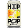 A 330ml can of Hip Pop Kombucha – Ginger & Yuzu, featuring bold black text and colorful fruit illustrations on a light background.