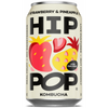 A 330ml can of Hip Pop Kombucha – Strawberry & Pineapple, with fruit illustrations and text highlighting live cultures, gut health benefits, low calories, real fruit ingredients, and no added sweeteners.