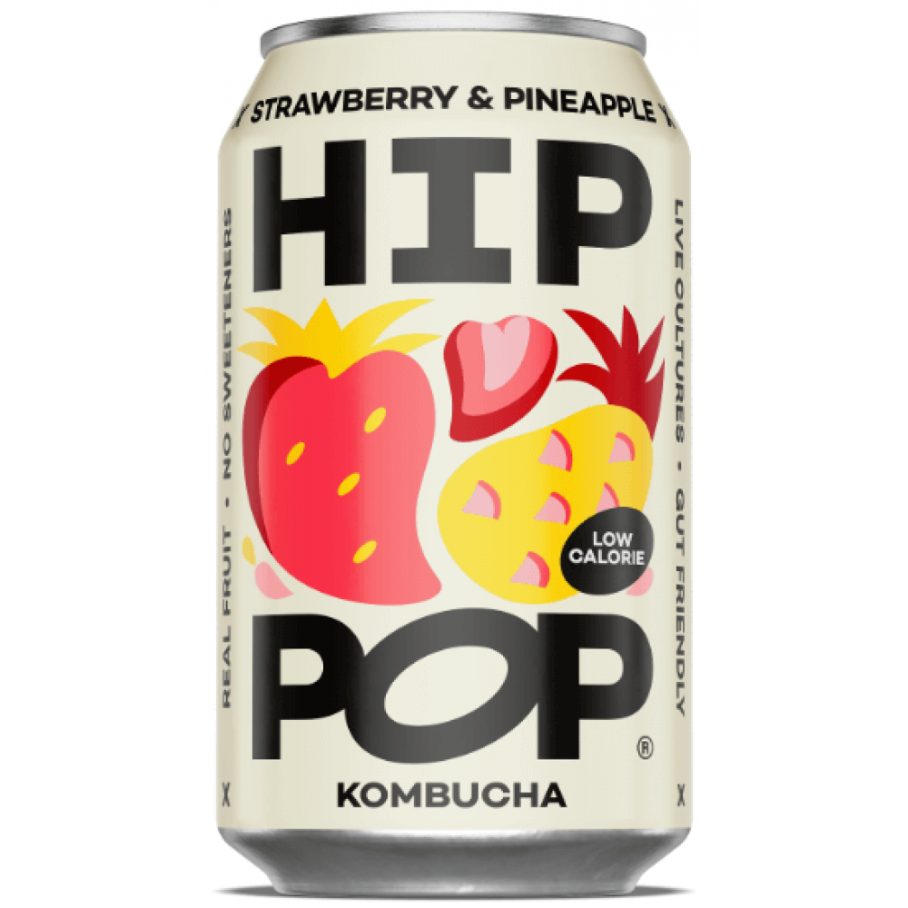 A 330ml can of Hip Pop Kombucha – Strawberry & Pineapple, with fruit illustrations and text highlighting live cultures, gut health benefits, low calories, real fruit ingredients, and no added sweeteners.