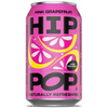 A 330ml pink can of Hip Pop Soda – Pink Grapefruit, decorated with grapefruit slices and text emphasizing low calorie, real fruit, prebiotic fibre, live cultures, and naturally refreshing taste.
