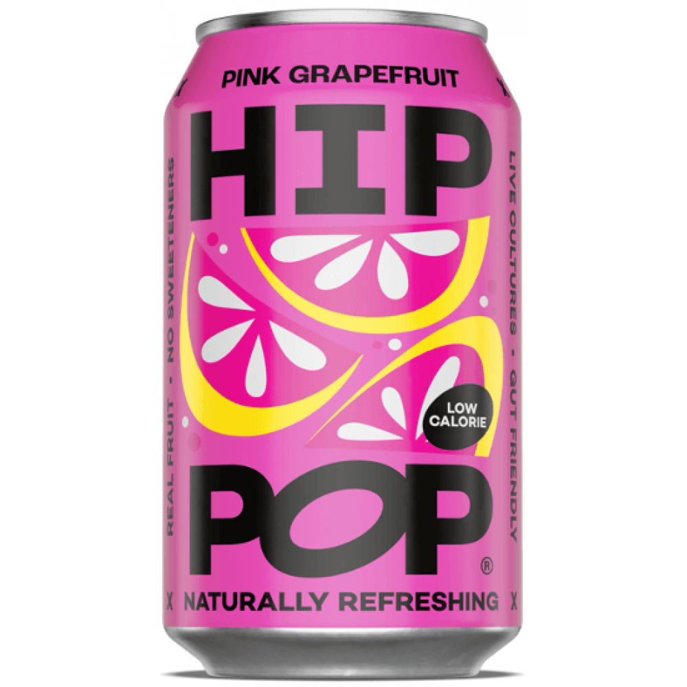 A 330ml pink can of Hip Pop Soda – Pink Grapefruit, decorated with grapefruit slices and text emphasizing low calorie, real fruit, prebiotic fibre, live cultures, and naturally refreshing taste.