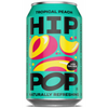 A turquoise can of Hip Pop Soda – Tropical Peach 330ml features bold black lettering, yellow and pink peach graphics, and claims like 