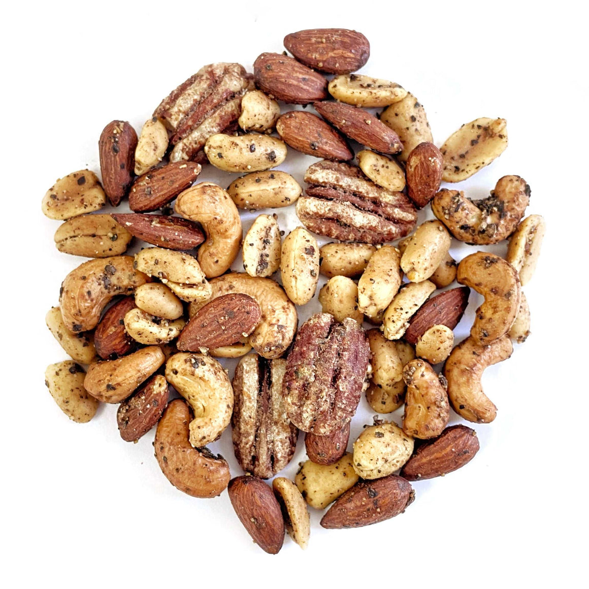 Black Pepper Mixed Nuts in a circle on a white background.