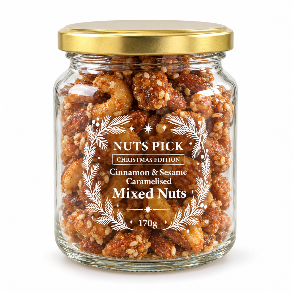 Nuts Pick Cinnamon & Sesame Caramelised Mixed Nuts Christmas Edition 170g in a clear glass jar with a gold lid