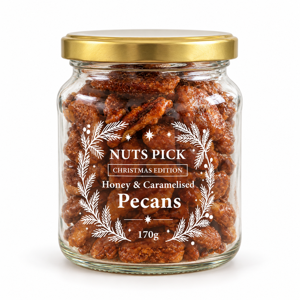 Nuts Pick Honey & Caramelised Pecans Christmas Edition 170g in a clear glass jar with a gold lid and white festive label