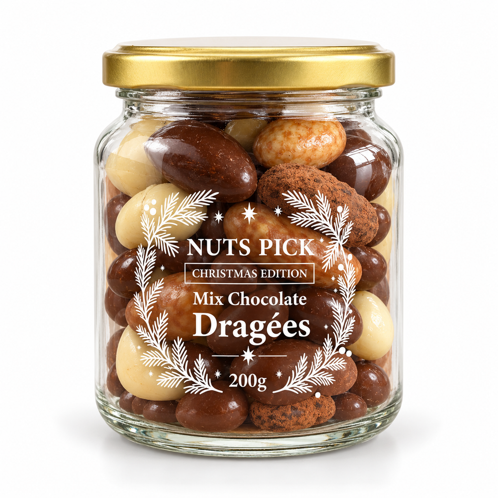 Nuts Pick Christmas Edition Mixed Chocolate Dragées 200g with milk, dark and white chocolate nuts in a clear glass jar