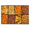 Introducing the Nuts & Crackers box, featuring an assortment of eight sections filled with crunchy and savory snacks, including almonds, cashews, pecans, corn nuts, Japanese rice crackers, and mixed delights.