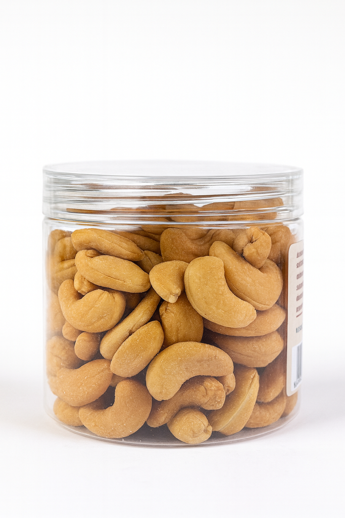A 175g jar of Roasted Salted Cashews is shown with a transparent lid against a plain white background—an ideal healthy snack choice.