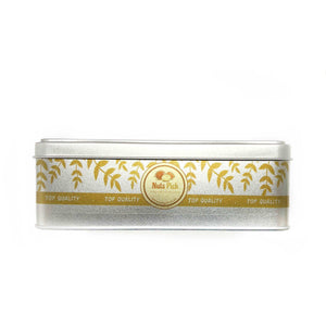 A Chocolate In a Tin with a gold and silver design on it, available for purchase.